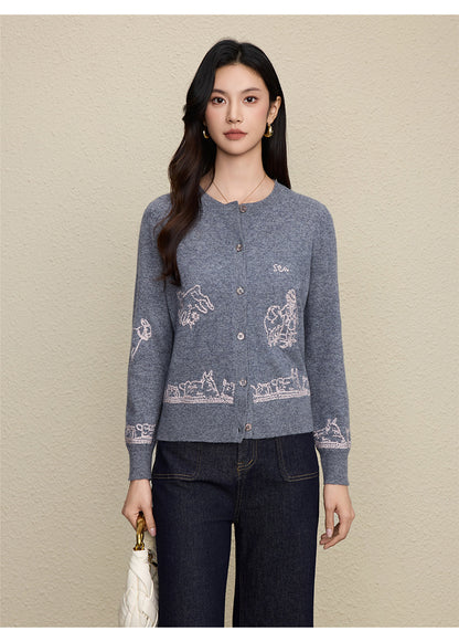 Wool Embroidered Cardigan Sweater | Gray, Dark Blue