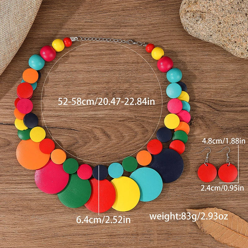Wood Necklace Earrings Set | Big Colorful, Boho Style