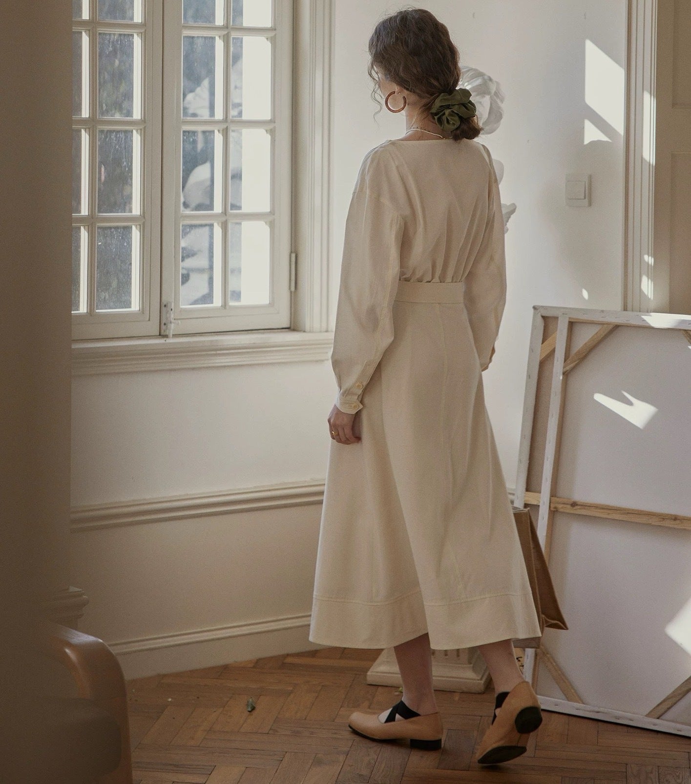 Linen Dress | Bamboo Texture, Beige, Mid-Length