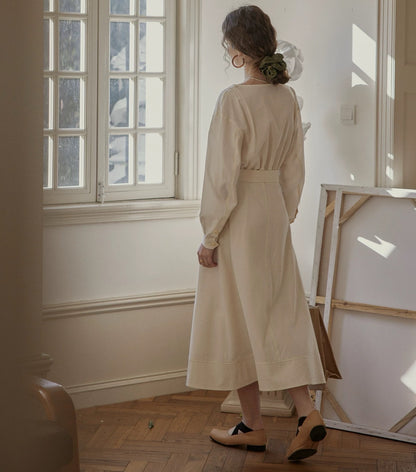 Linen Dress | Bamboo Texture, Beige, Mid-Length