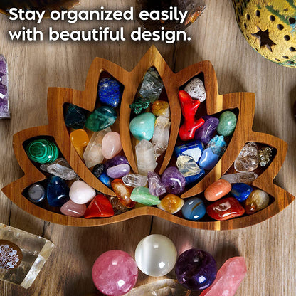 Pine Wood Tray | Crystal Stone Lotus Shape, 27x17x2.5CM