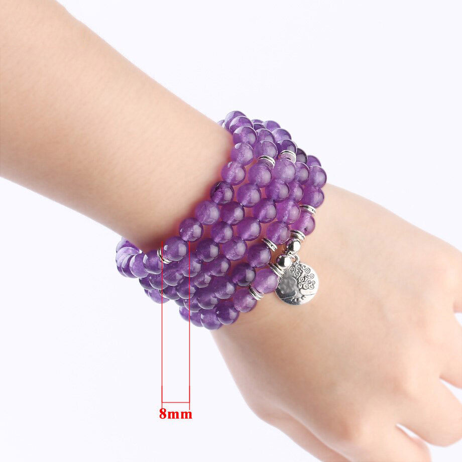 Natural Stone Healing Bracelet | Purple Crystal, 108 Mala Beads