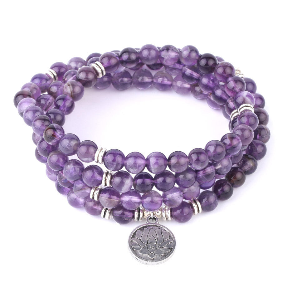Natural Stone Healing Bracelet | Purple Crystal, 108 Mala Beads