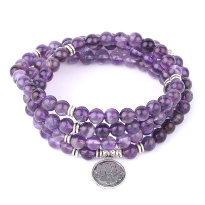 Natural Stone Healing Bracelet | Purple Crystal, 108 Mala Beads