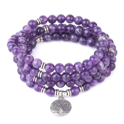 Natural Stone Healing Bracelet | Purple Crystal, 108 Mala Beads
