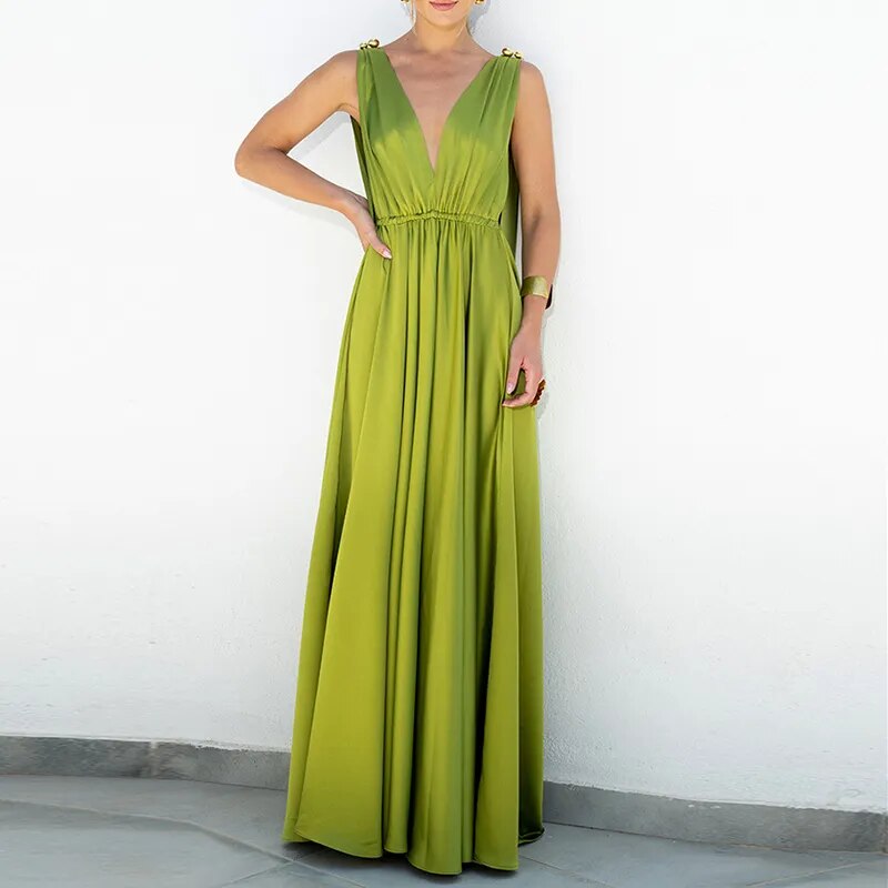Polyester Maxi Party Dress | V-Neck, Backless, Sleeveless
