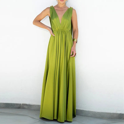 Polyester Maxi Party Dress | V-Neck, Backless, Sleeveless