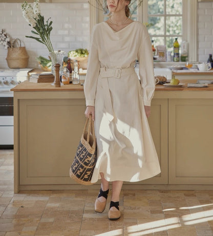 Linen Dress | Bamboo Texture, Beige, Mid-Length
