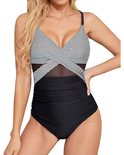 Polyester One-Piece Swimsuit | Pink, Blue, Floral, Striped