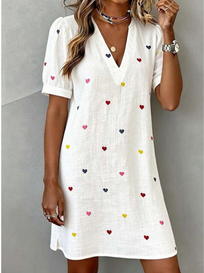 Linen-Cotton Dress | V-Neck, Love Heart Print, Mid-Length