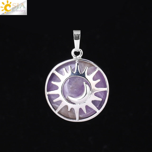 CSJA Sun & Moon Pendant Reiki Healing Natural Stone Purple White Crystal Quartz Beads for Jewelry Making Necklace