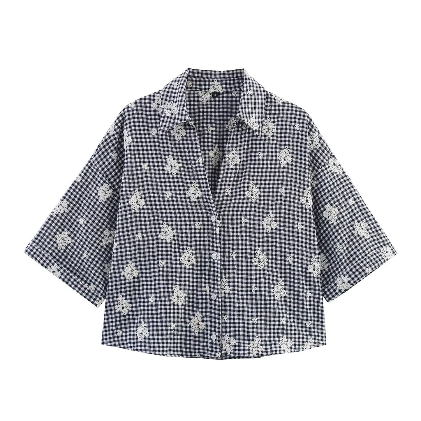 Polyester Plaid Set | Embroidered Shirt & Wide Leg Pants