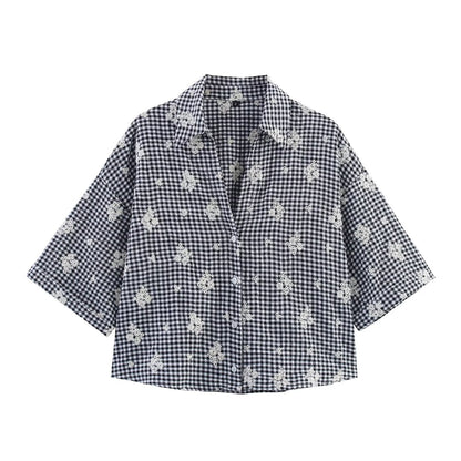 Polyester Plaid Set | Embroidered Shirt & Wide Leg Pants