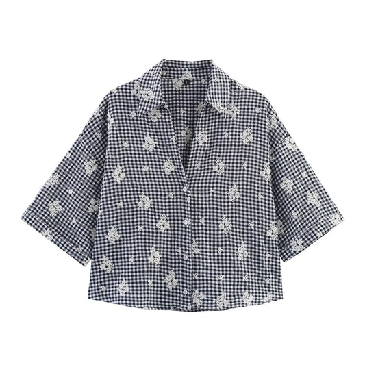 Polyester Plaid Set | Embroidered Shirt & Wide Leg Pants