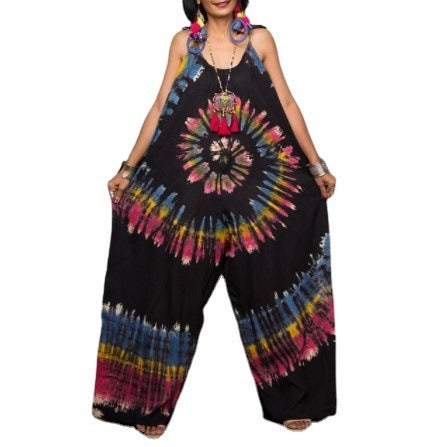 Fashionable long goddess print sleeveless loose jumpsuit