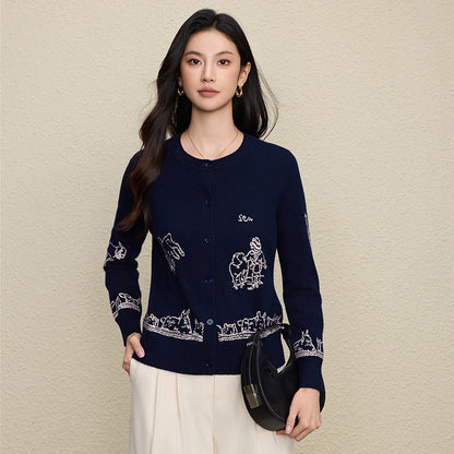 Wool Embroidered Cardigan Sweater | Gray, Dark Blue