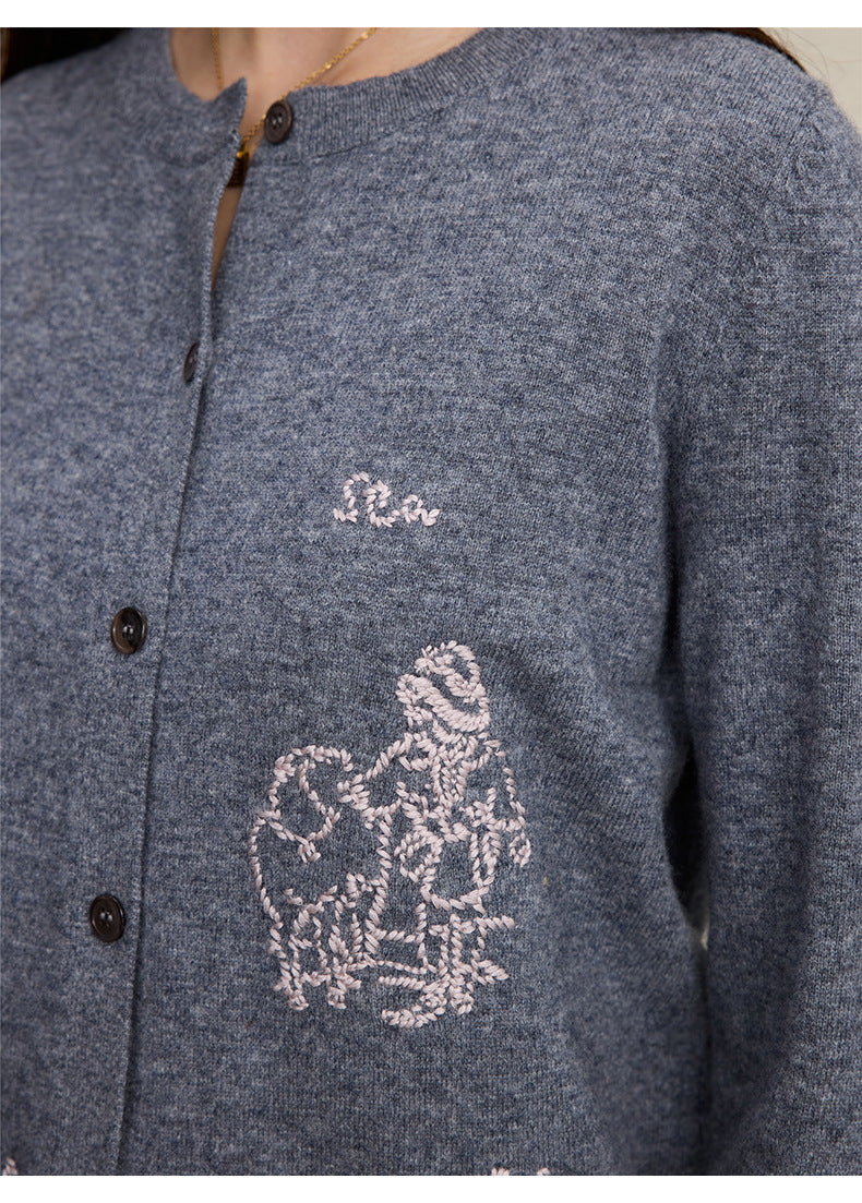 Wool Embroidered Cardigan Sweater | Gray, Dark Blue