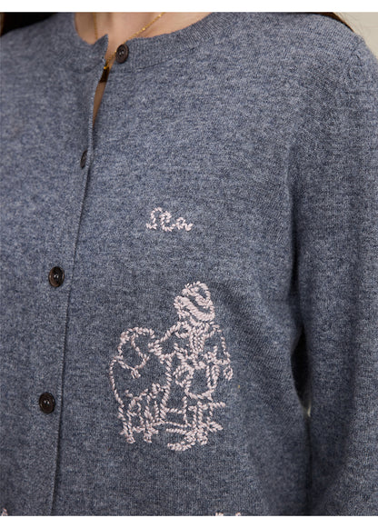 Wool Embroidered Cardigan Sweater | Gray, Dark Blue