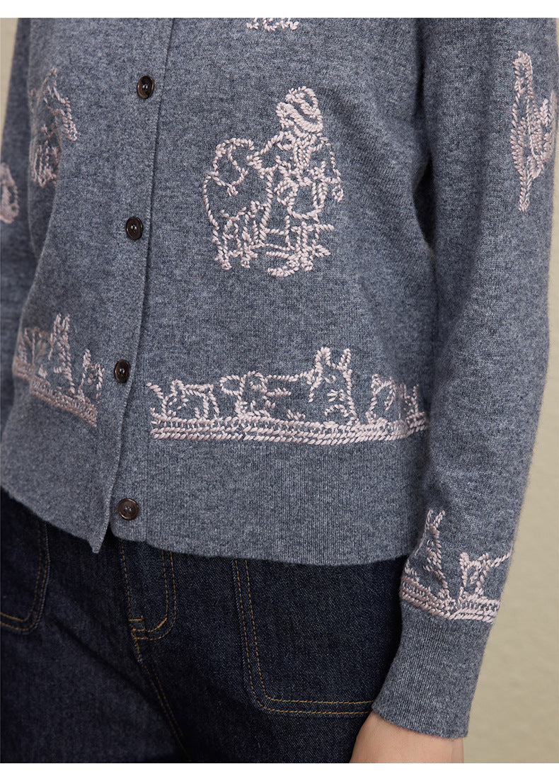 Wool Embroidered Cardigan Sweater | Gray, Dark Blue