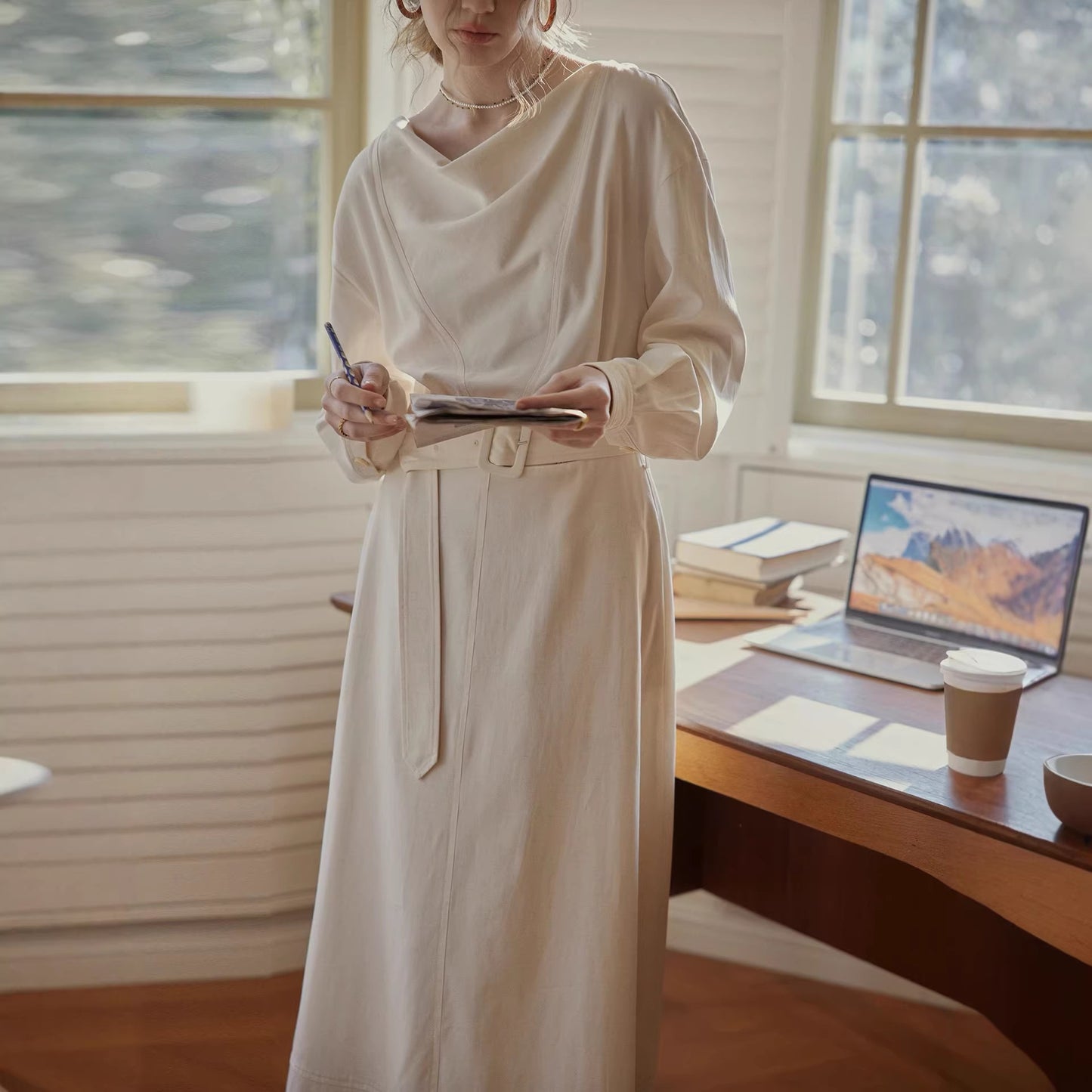 Bamboo Texture Linen Waist-Cinching Slim Fit Long Dress