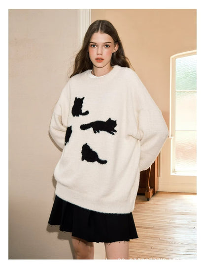 Acrylic Cat Silhouette Sweater | Apricot, Black, M-3XL