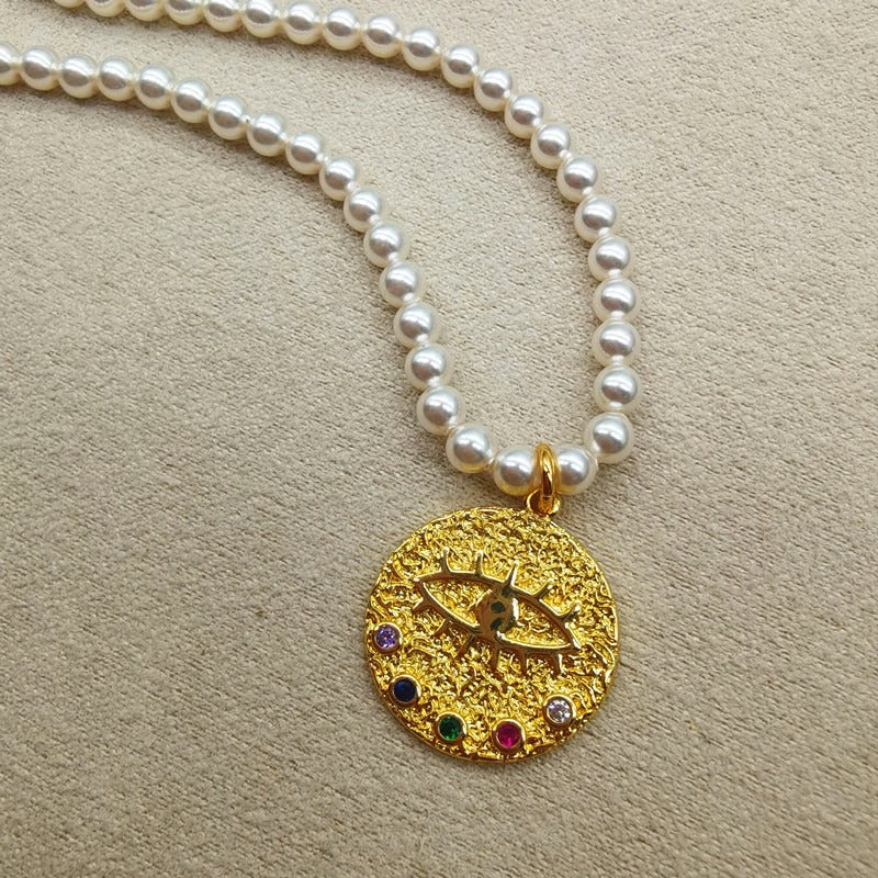 Devil's Eye Inlaid Zircon Freshwater Pearl Necklace Female Trendy Crystal Beads Collarbone Chaine