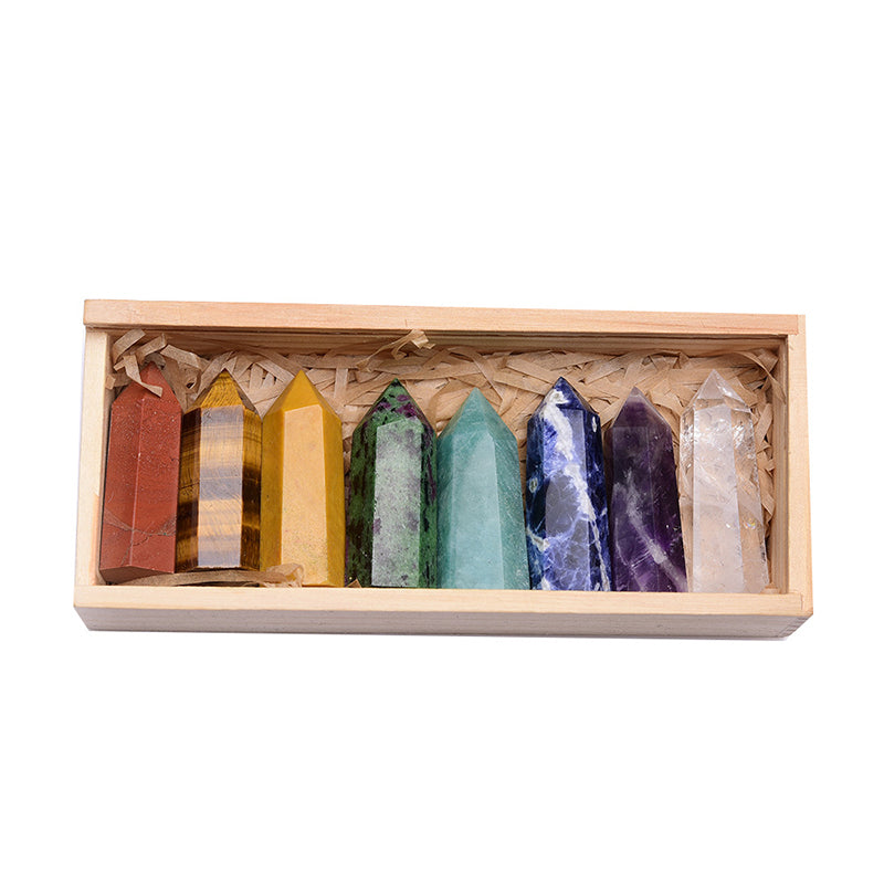 Natural Crystal Single Pointed Column Set White Crystal Pink Crystal Eight-Color Wooden Box Set