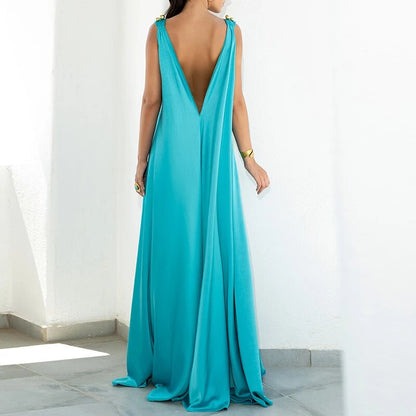 Polyester Maxi Party Dress | V-Neck, Backless, Sleeveless