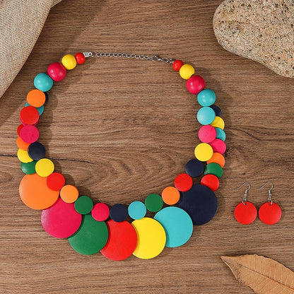 Wood Necklace Earrings Set | Big Colorful, Boho Style
