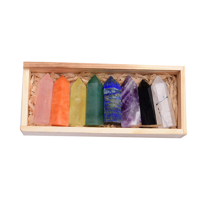 Natural Crystal Single Pointed Column Set White Crystal Pink Crystal Eight-Color Wooden Box Set