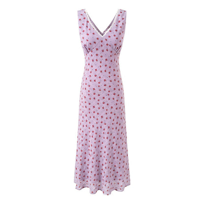 Cotton-Polyester Floral Dress | V-Neck, Sleeveless, Long