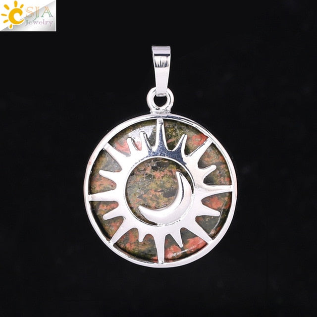 CSJA Sun & Moon Pendant Reiki Healing Natural Stone Purple White Crystal Quartz Beads for Jewelry Making Necklace