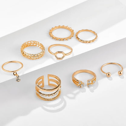 Geometric Crystal Stone Rings Set | Gold Chain, 8pcs