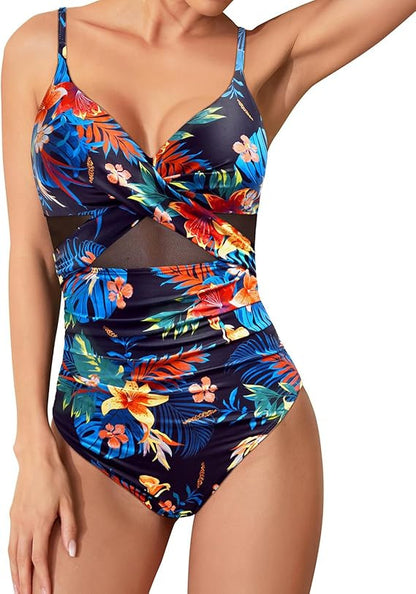 Polyester One-Piece Swimsuit | Pink, Blue, Floral, Striped