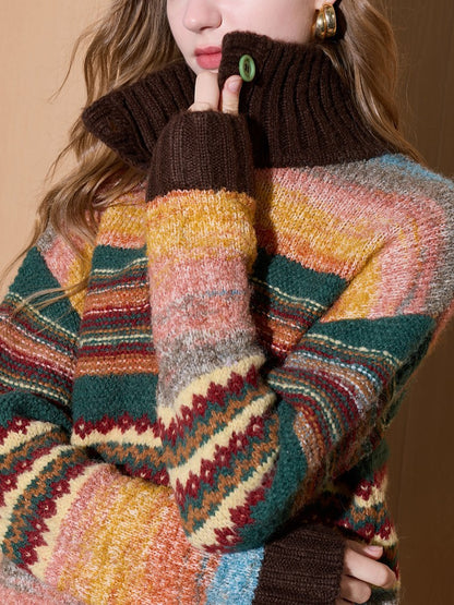 Polyester Knit Sweater | Cream, Rainbow Stripe, Polo Collar