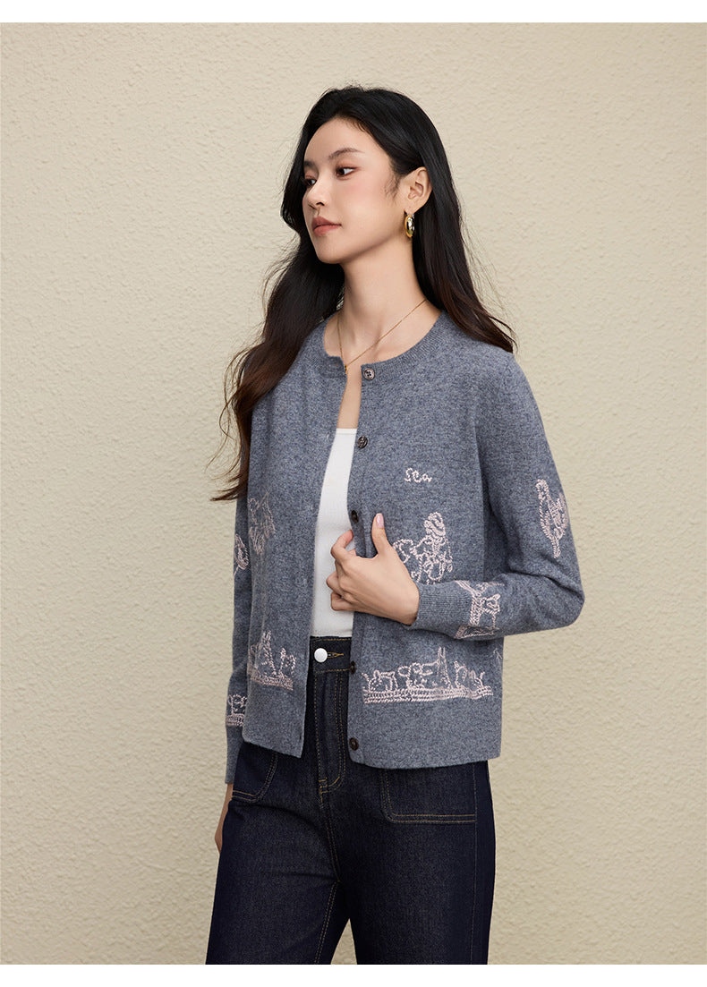 Wool Embroidered Cardigan Sweater | Gray, Dark Blue