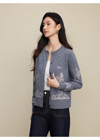 Wool Embroidered Cardigan Sweater | Gray, Dark Blue