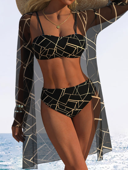 Polyester Tie Up Printed Bikini | Solid Color, Sleeveless