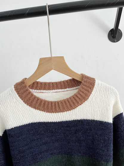 Cotton Round Neck Sweater | Pink & Navy, Loose Fit