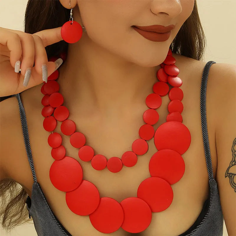 Wood Necklace Earrings Set | Big Colorful, Boho Style