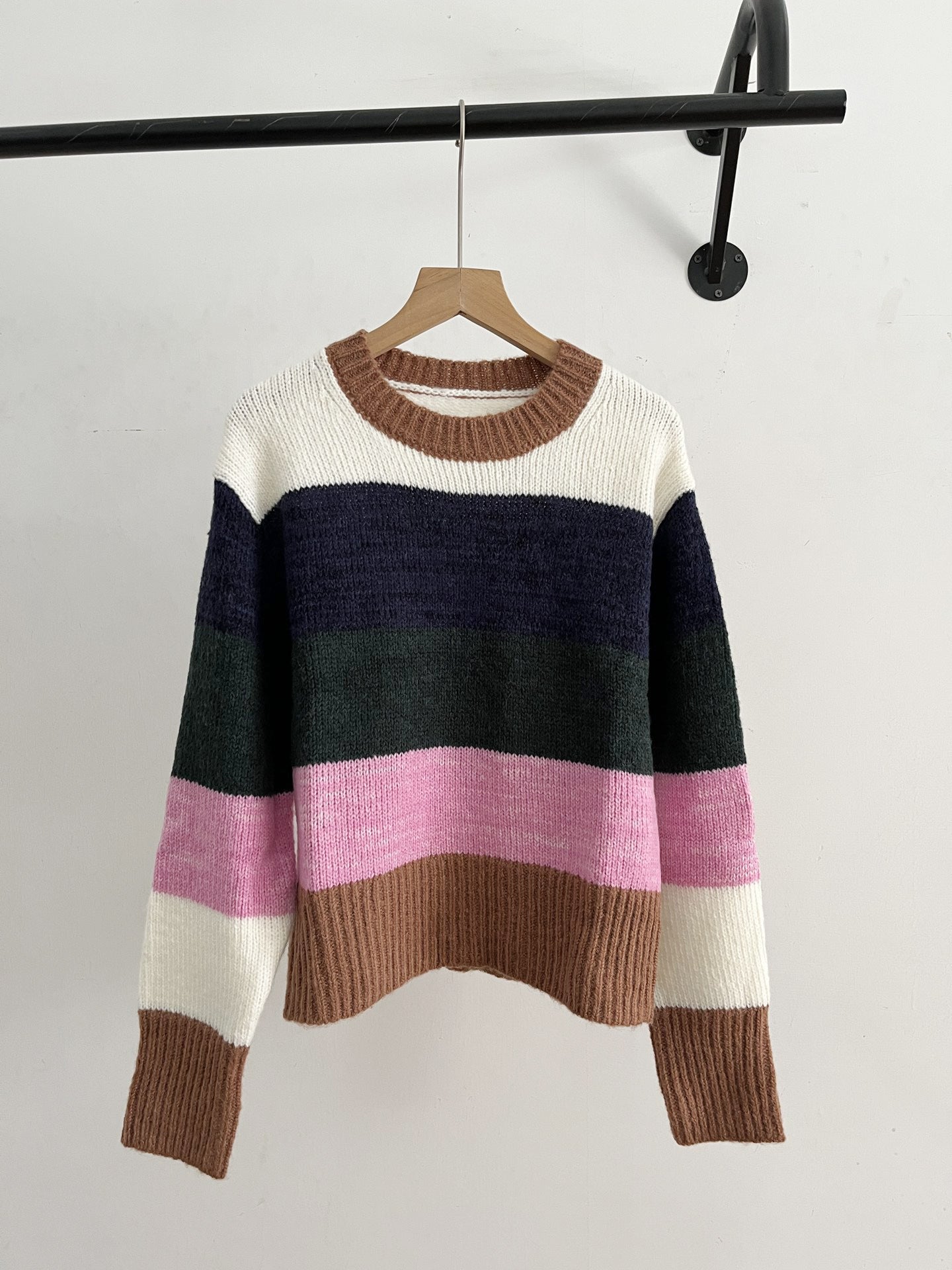 Cotton Round Neck Sweater | Pink & Navy, Loose Fit