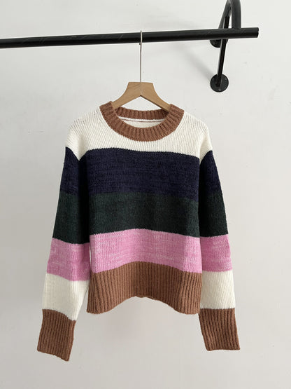 Cotton Round Neck Sweater | Pink & Navy, Loose Fit
