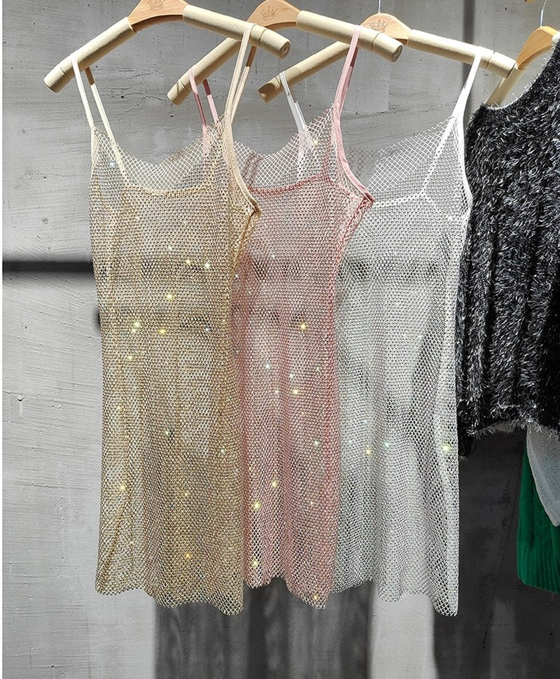 Bungee Sexy Slim Slim Women's Summer New Bright Diamond Crystal Temperament Bag Hip Sling Mid-length Dress Fashion Trend