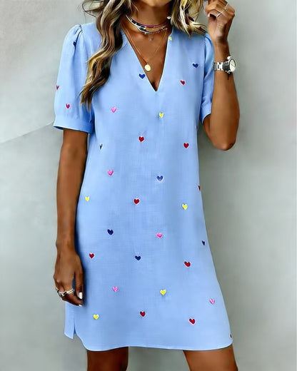 Linen-Cotton Dress | V-Neck, Love Heart Print, Mid-Length