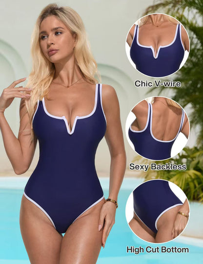 Polyester Backless One-Piece Swimsuit | Black, Red, Pink, Blue, Dark Brown