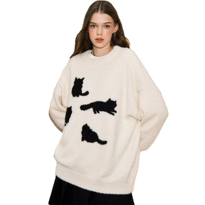 Acrylic Cat Silhouette Sweater | Apricot, Black, M-3XL