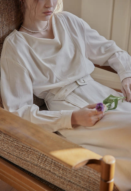 Linen Dress | Bamboo Texture, Beige, Mid-Length