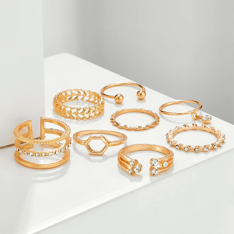 Geometric Crystal Stone Rings Set | Gold Chain, 8pcs