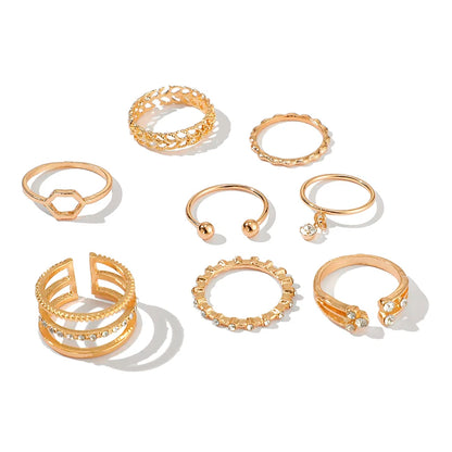 Geometric Crystal Stone Rings Set | Gold Chain, 8pcs