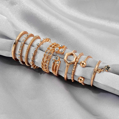 Geometric Crystal Stone Rings Set | Gold Chain, 8pcs